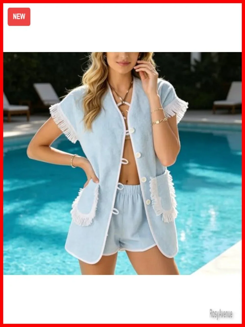 2 Piece Fringed Trim Vacation Outfits Short Sleeve Vneck Button Up Top Shorts
